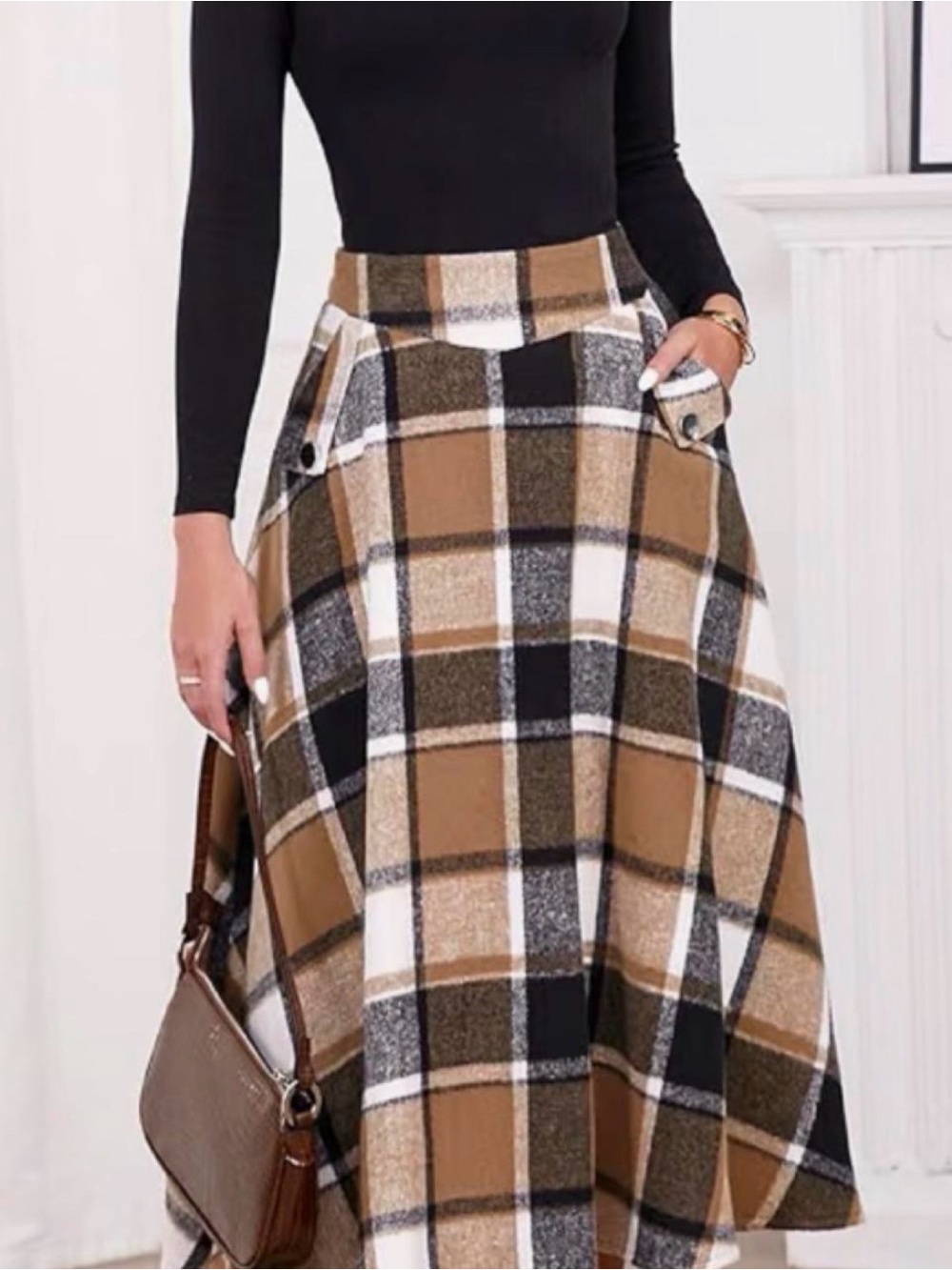 Amazon Plaid A-Line Midi Skirt in Camel, Black & White